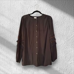 Chicos Beaded Baloon Sleeve Blouse 8 Ruffled Black Boho Whimsy Goth Oversized